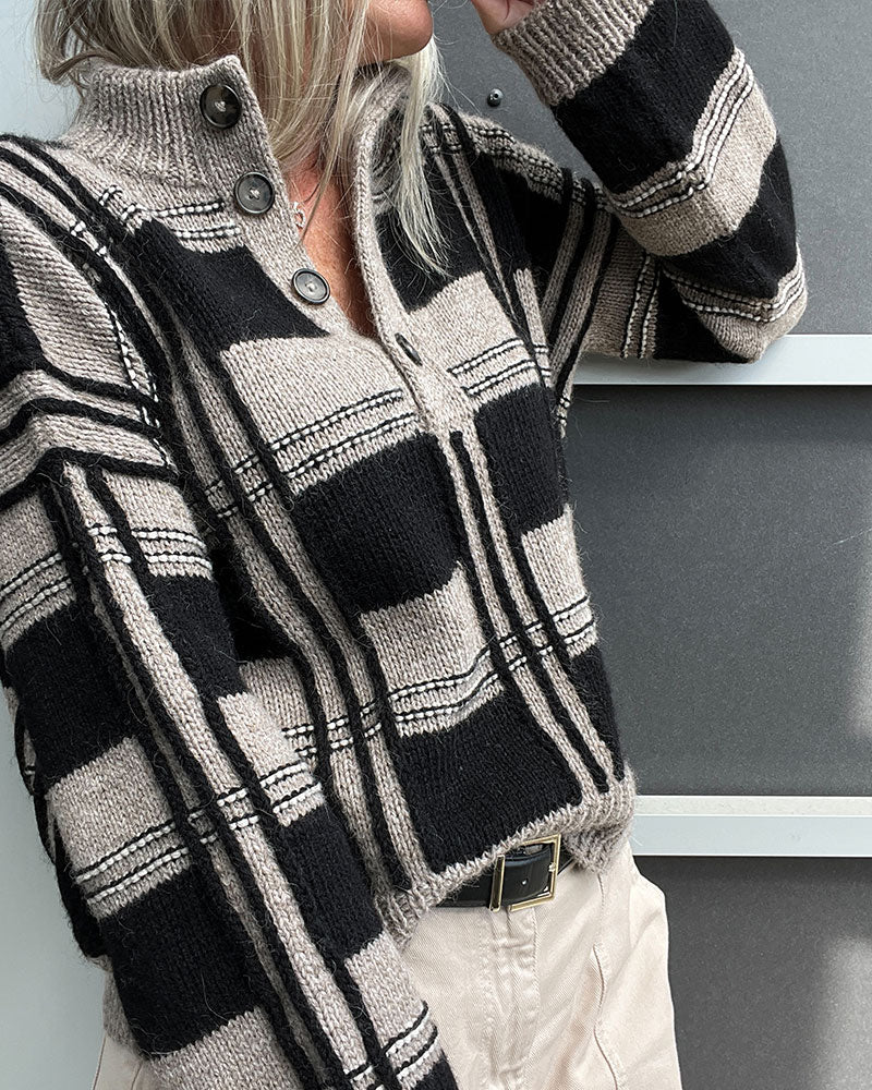 Pullover Knapp Turtleneck Rute Fargeblokk