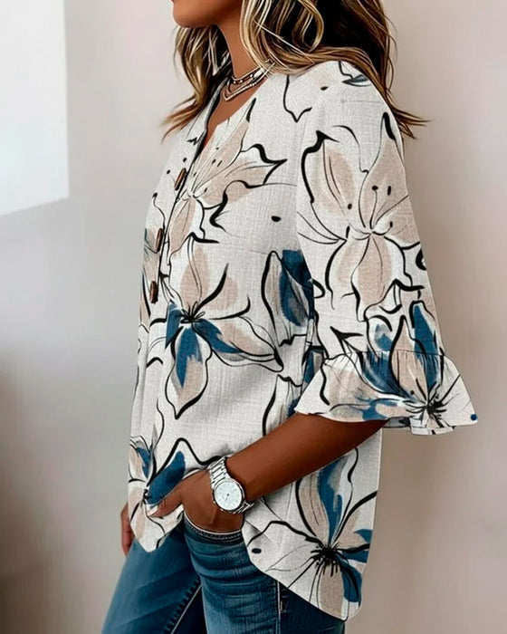Bluse V-Utringning Blomstret Rysje 3/4-Erm