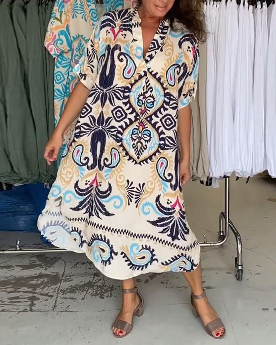 V-hals halvermet bohemsk løs kjole