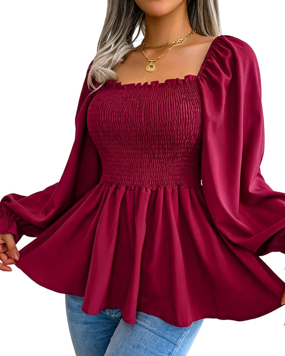 Bluse Ruffle Firkantet Hals Lang Erme