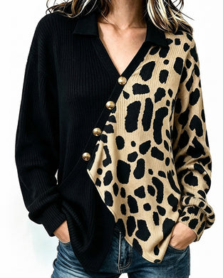 Pullover Leopard Patchwork Asymmetrisk Knappestolpe Fargeblokk