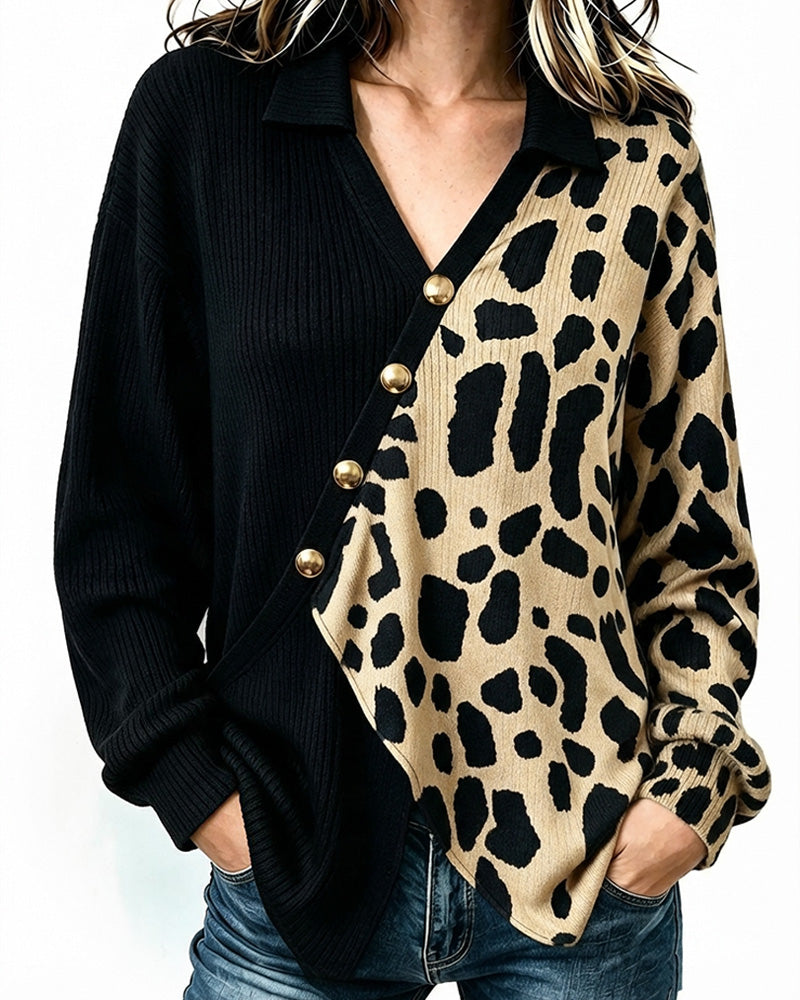 Pullover Leopard Patchwork Asymmetrisk Knappestolpe Fargeblokk