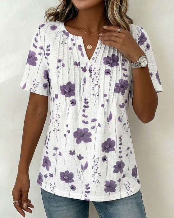 T-Shirt Vaffel V-Hals Blomstret