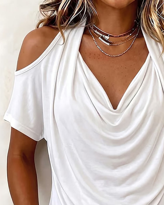 T-Shirt Halter Off-Shoulder Drapet Kort Erme