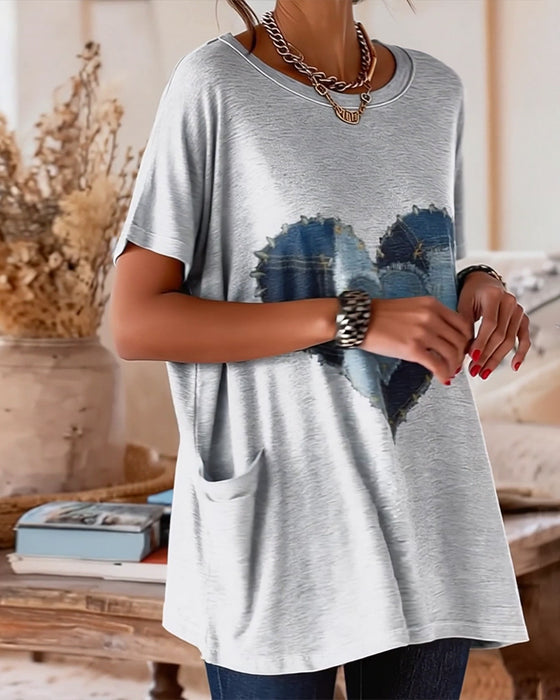 T-skjorte Rund Hals Lomme Hjerte Trykk