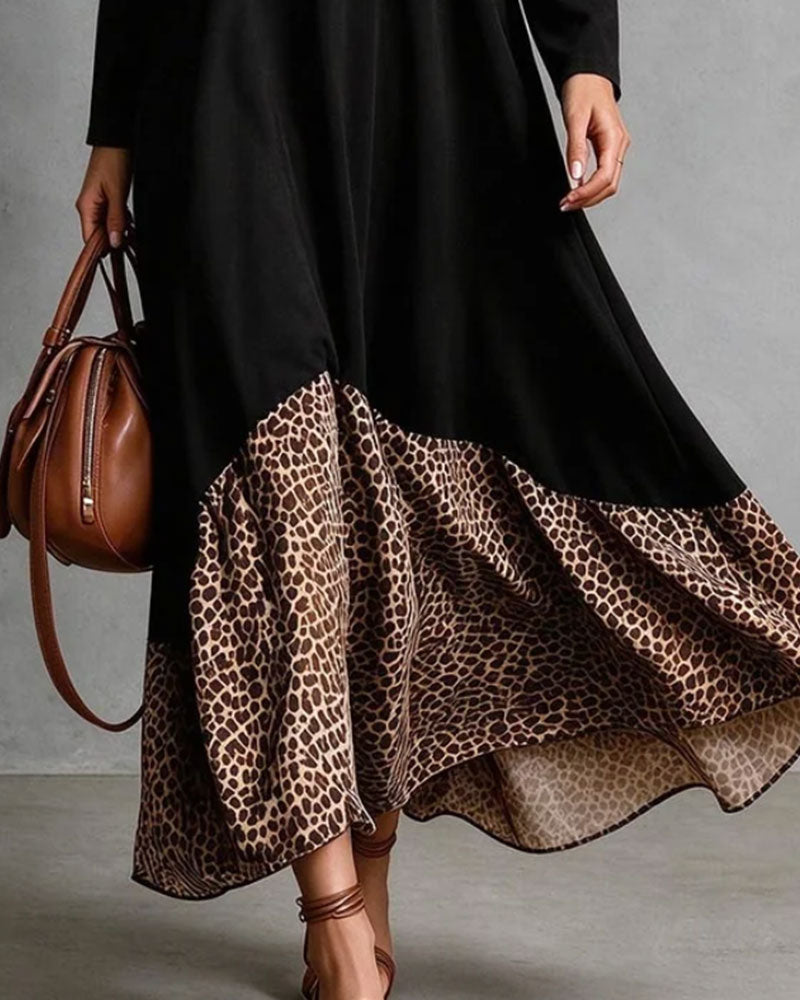 Kjole Rund Hals Knapp Leopard Trykk