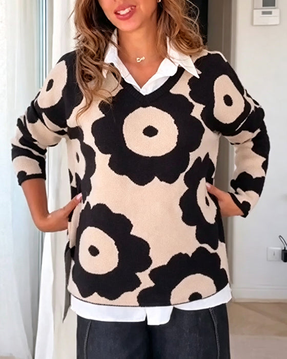 Pullover Blomstertrykk V-Hals