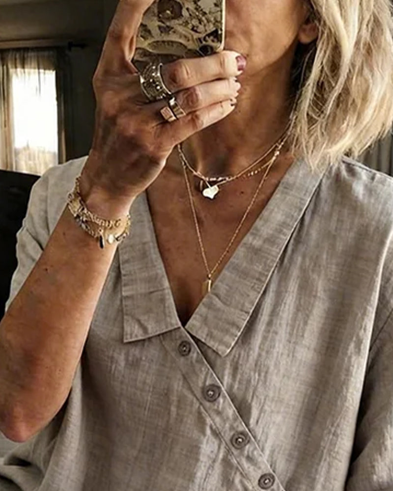 Bluse Med Asymmetrisk Diagonal Knappelukking Og Krage