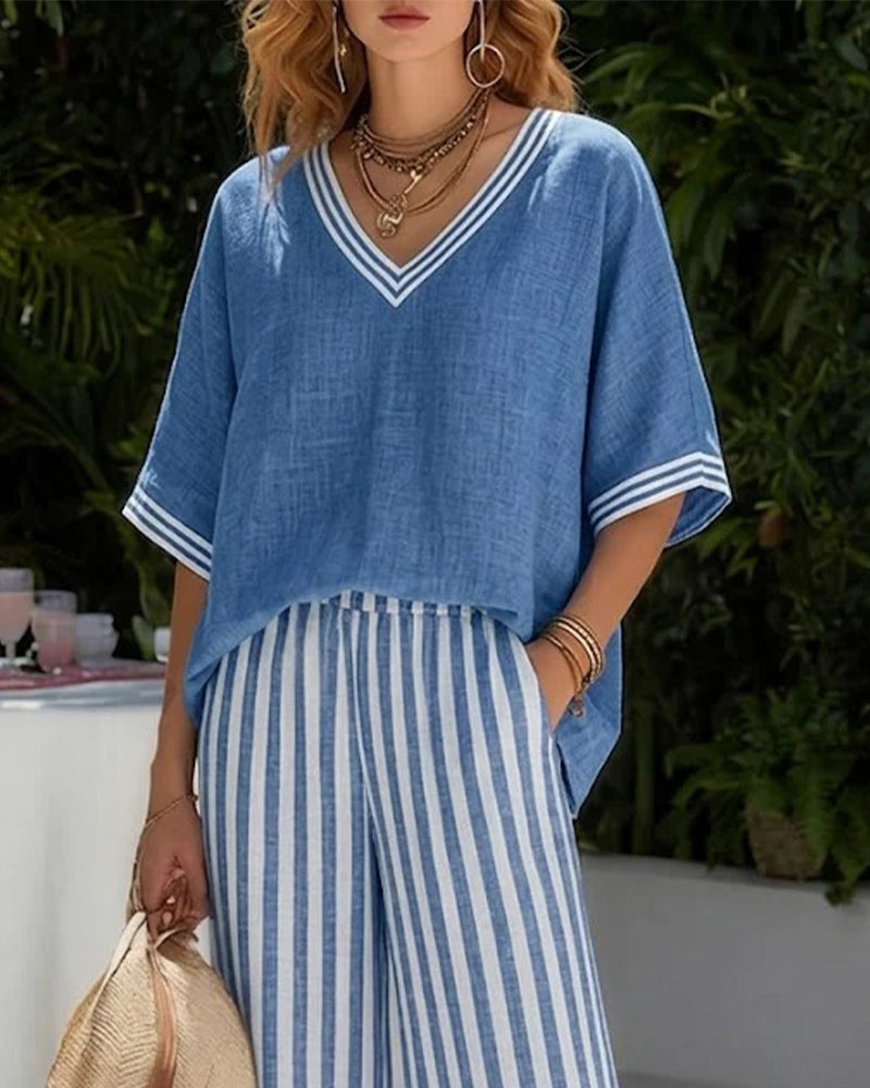 Sett V-Utringning Flagermuserme Stripe Bredt Ben Bukse