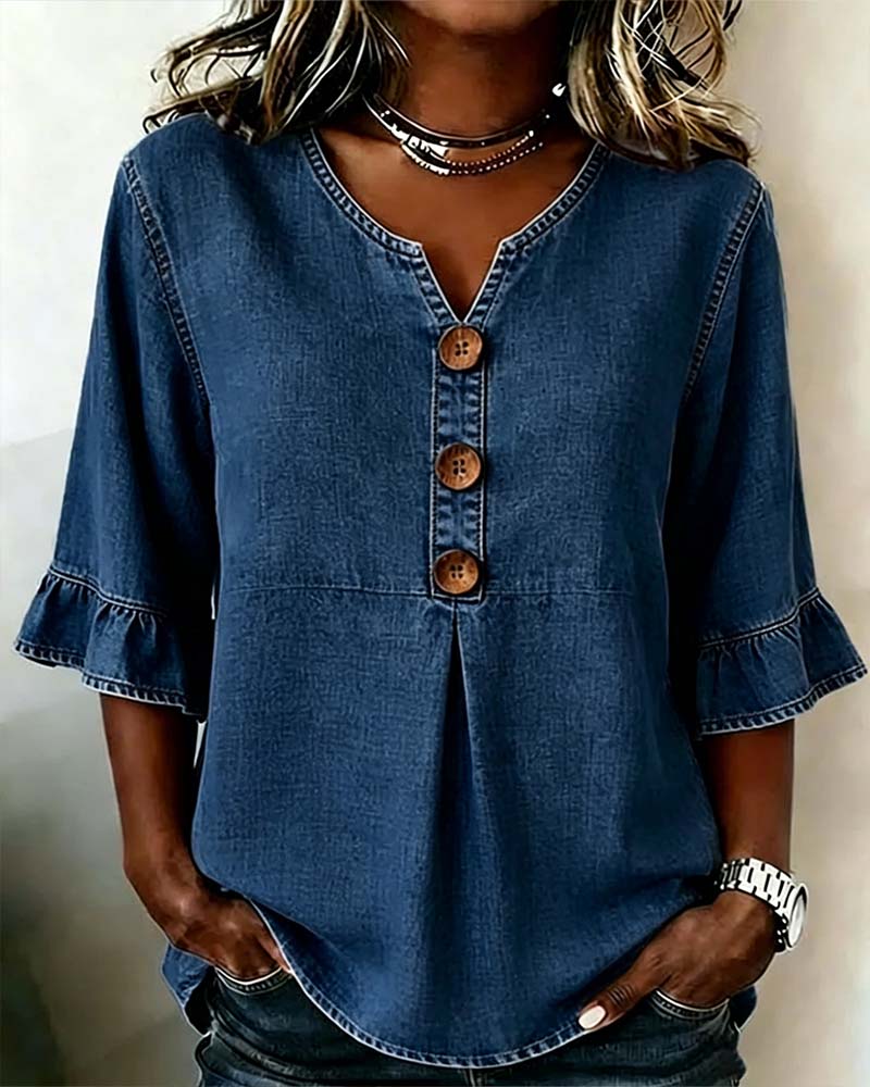 Bluse V-utringning Utsvinget Erm Denim