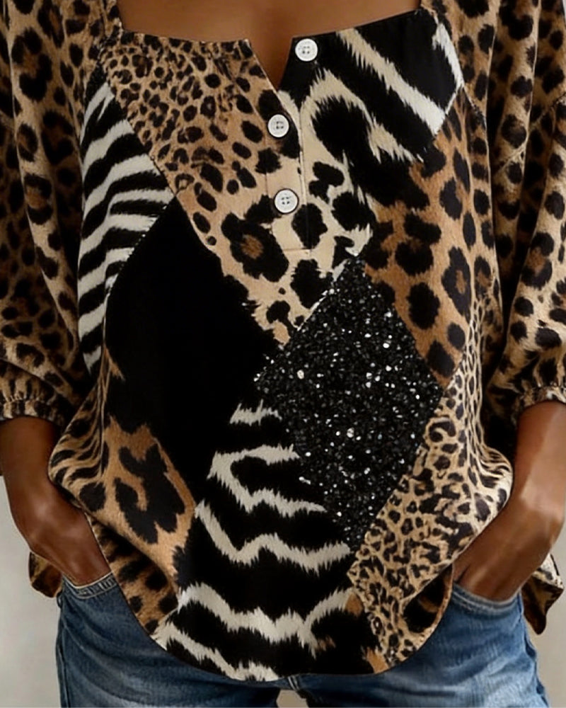 Bluse Firkantet Hals Leopardmønster Lappeteppe Paljett