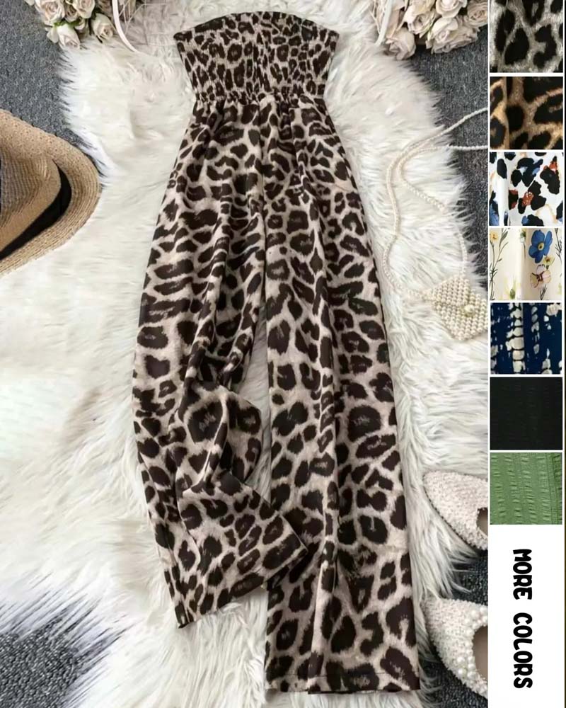 Jumpsuit Stroppeløs Leopard Trykk Bred Ben Midjekniping