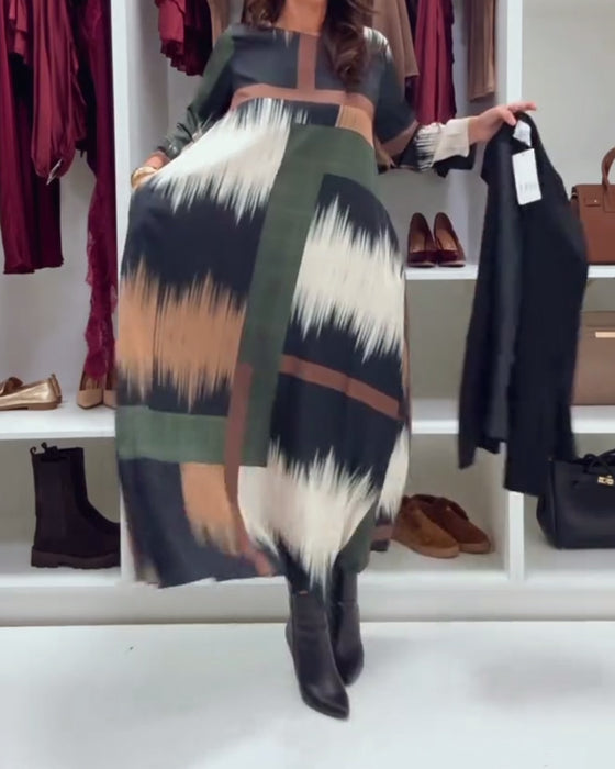 Stilfull Trykt Kjole Med Rund Hals Og Lange Ermer