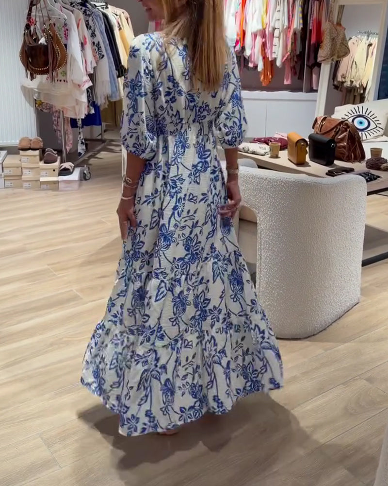 Kjole Dyp V-Hals Elegant Blomstret Lang