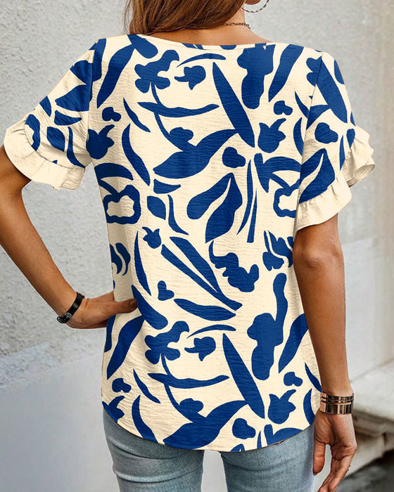 Bluse Rund Hals Trykt Volanger