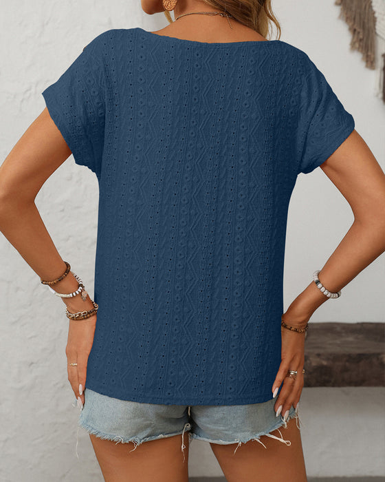 Bluse Rund Hals Knapper Utskjæring Kort Erme