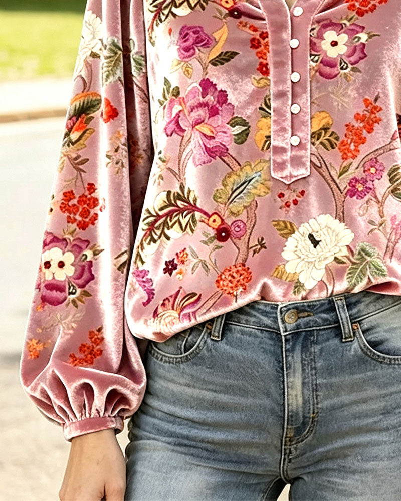 Bluse V-Hals Knapp Drapet Blomstret