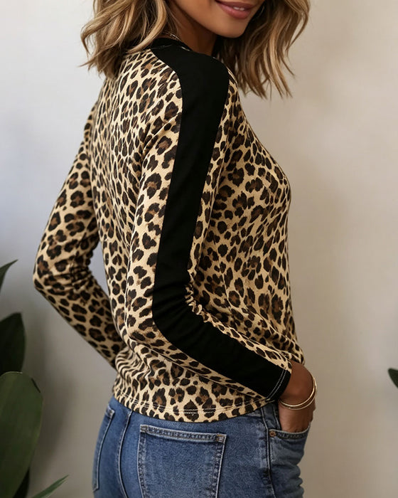 Topp Rundhalset Leopard Fargeblokk