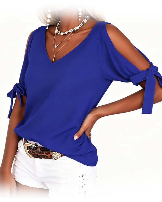 Bluse V-Hals Cold Shoulder Sløyfe Ensfarget