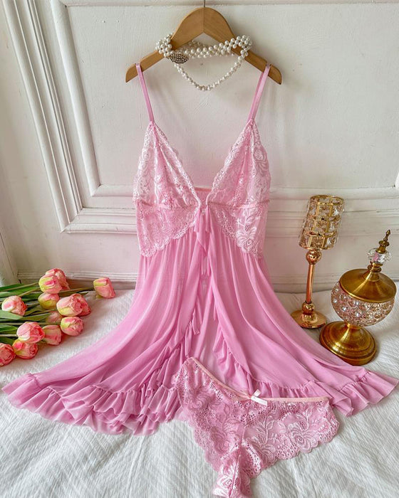 Cami Nattkjole & Bøyedekor Truse Sett Dames Sexy Ruffle Kant Blonder