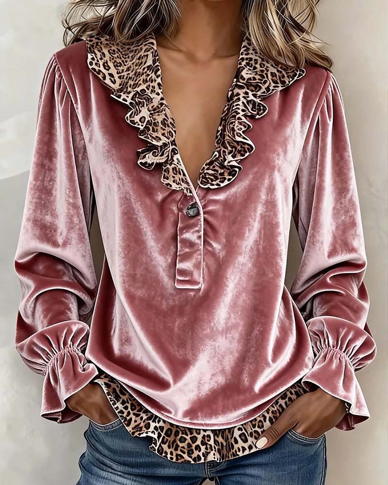 Bluse V-Hals Leopard Trykk Ruffle Erme
