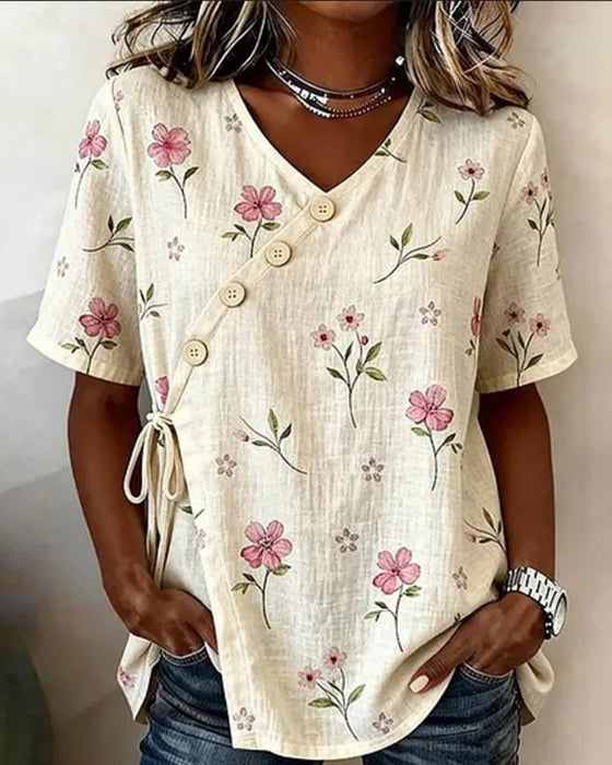 Bluse Småblomstret Diagonal Knyt Foran
