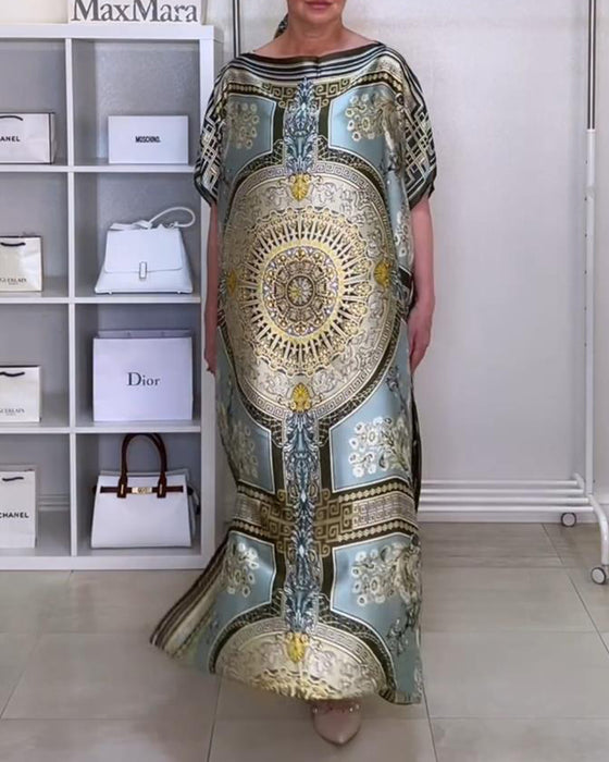 Boho-trykt løs kjole med slits