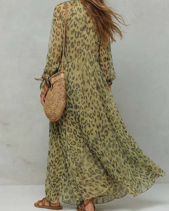Kjole V-Hals Lang Erme Leopard Maxi