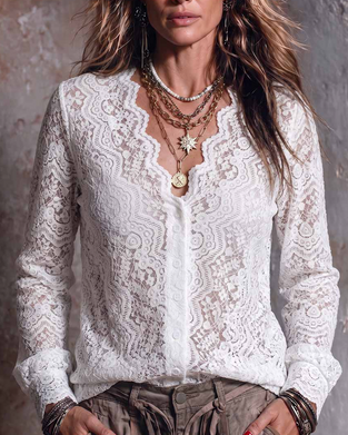 Bluse V-Hals Lang Erme Casual