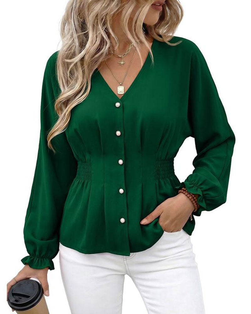 Bluse V-Hals Knapp Plissert Midje Volang
