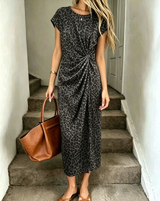 Kjole Rund Hals Twist Foran Leopard Kort Erme Lang