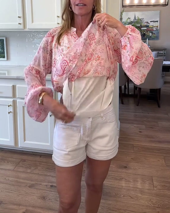 Bluse Med Ballongermer Og Blomstermønster