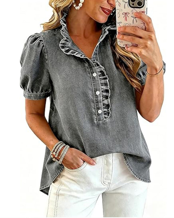 Bluse Knapp Opp Ruffle Denim