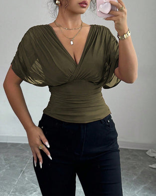 Bluse Solid Farge Dyp V-Hals Midje Kort Erme