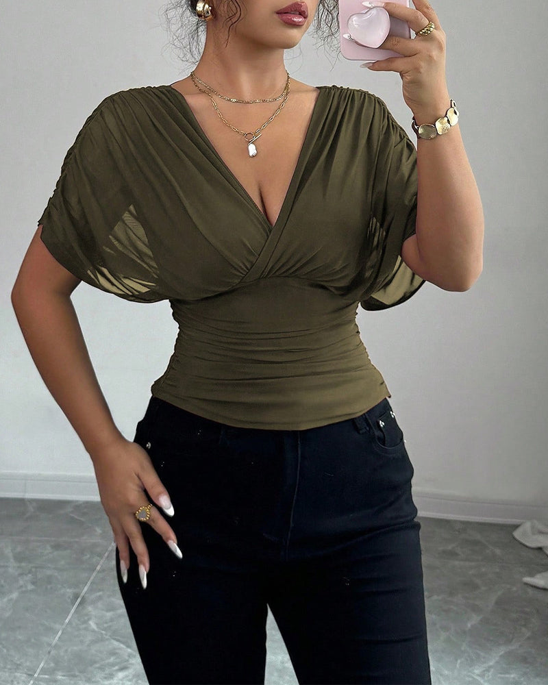 Bluse Solid Farge Dyp V-Hals Midje Kort Erme