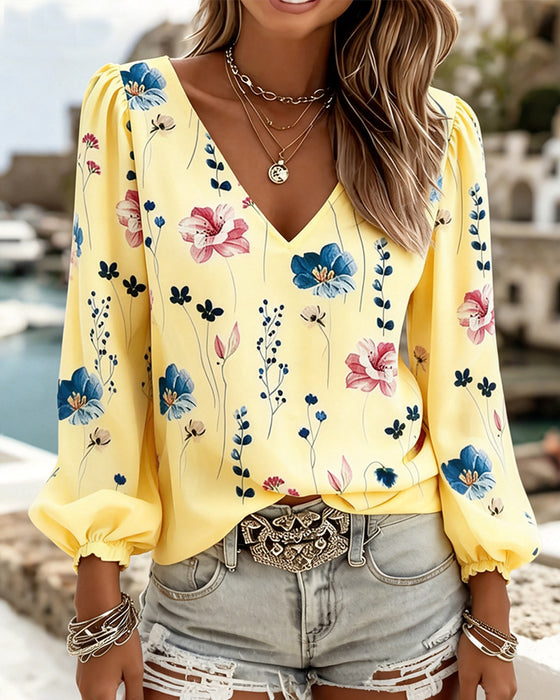 Bluse Lykt Erme V-Hals Blomstret