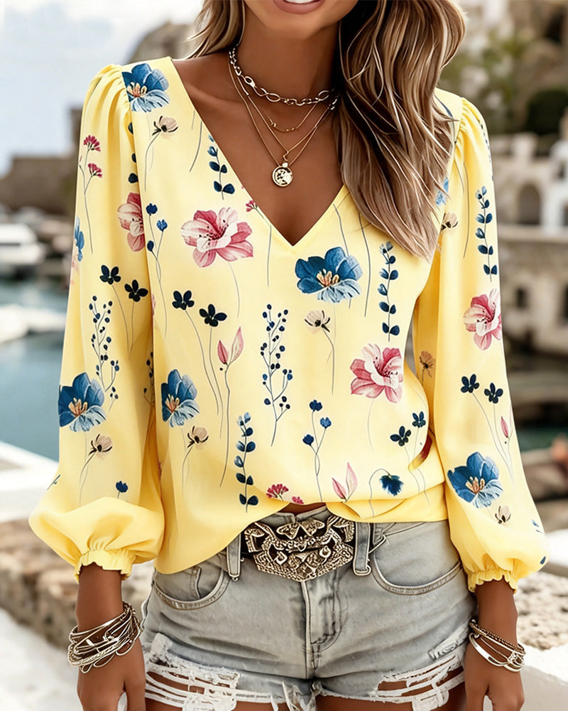 Bluse Lykt Erme V-Hals Blomstret