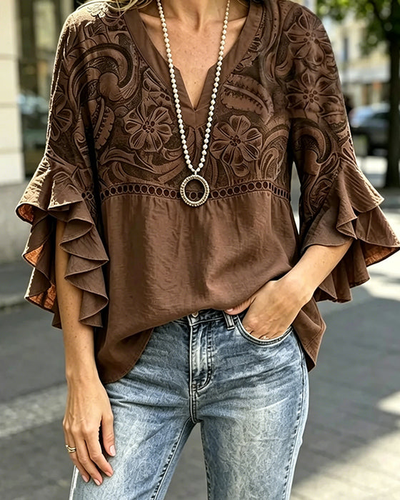 Bluse Vintage Blomstret Trykk Asymmetrisk Rysje Erm