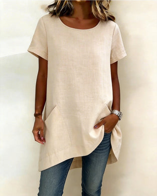 Bluse Uregelmessig Rund Hals Lomme