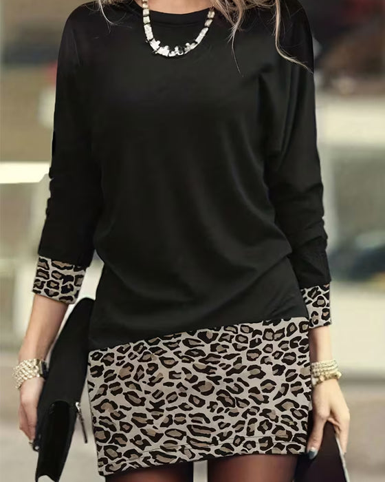 Kjole Runde Leopard Patchwork Lang Erme