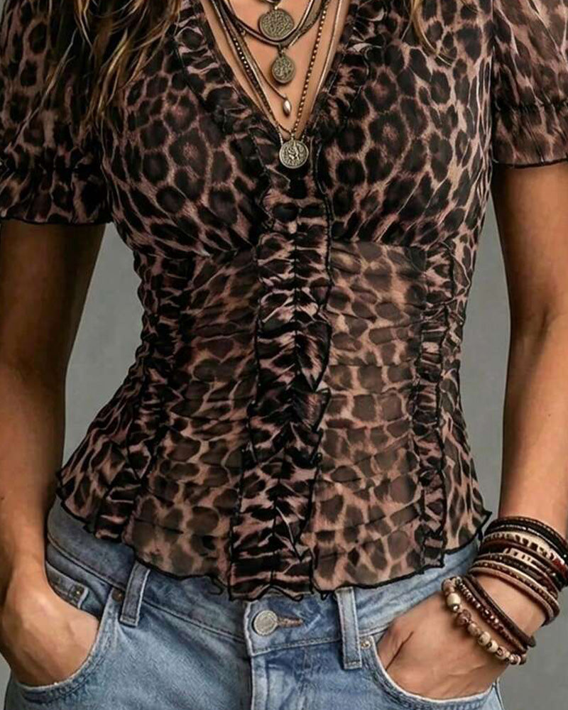 Bluse V-Hals Leopard Trykk Ruffle Puffererme