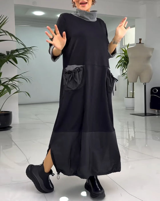 Uformelt rutete patchwork-lommekjole med høy krage