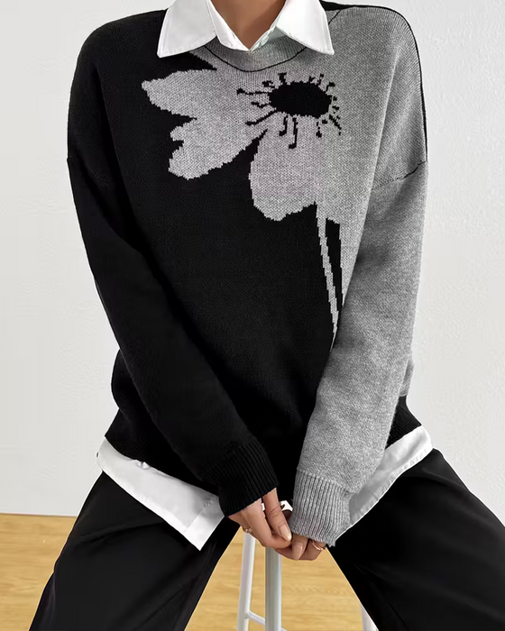 Pullover Fargeblokk Stor Blomstret Jacquard Rund Hals