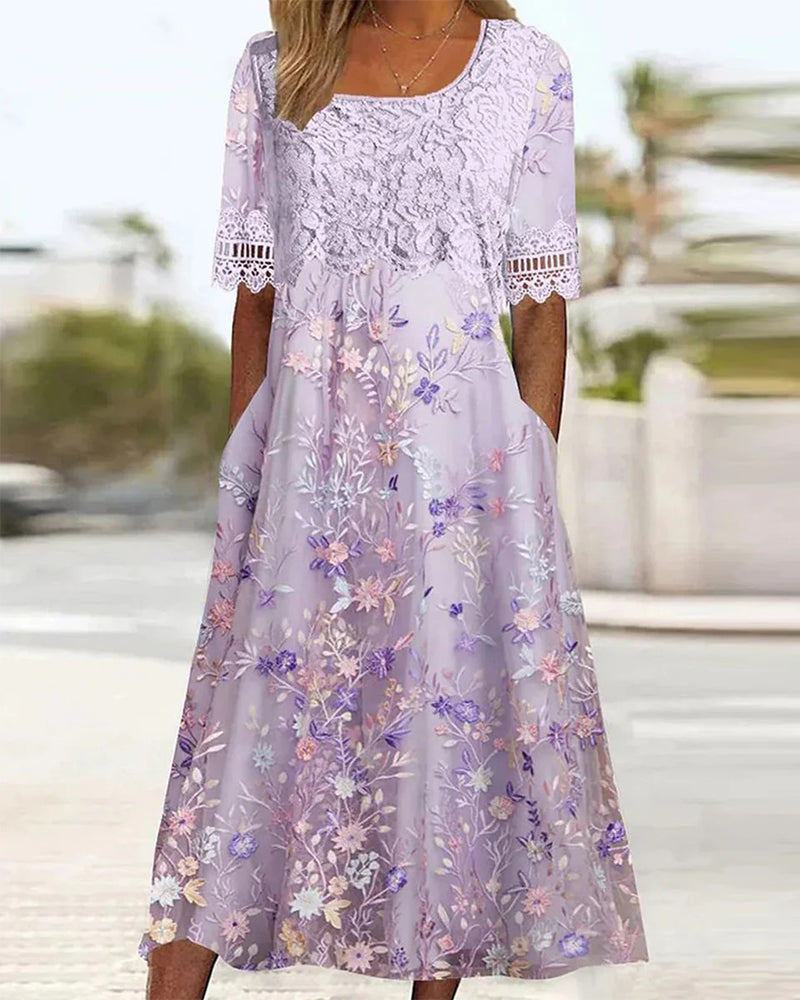Kjole Blonder Blomstermønster Patchwork A-Linje