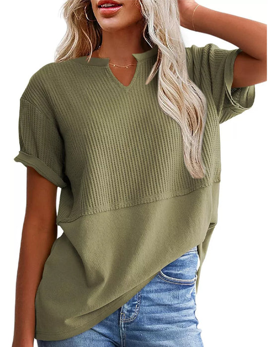T-Skjorte Innsnørt Midje Lappeteppe V-Utringning Pullover