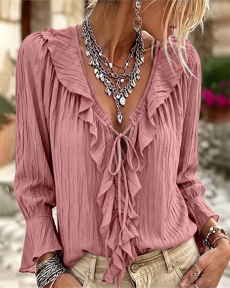 Bluse Ruffle Trim Knyting Lang Erme