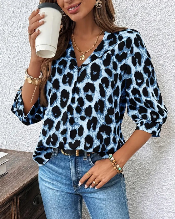 Bluse Halvlange Ermer Leopardprint Løs