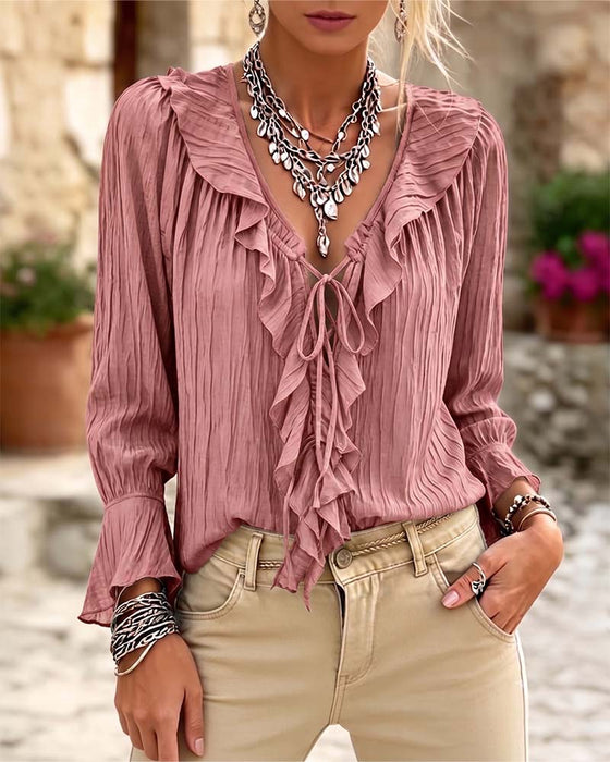 Bluse Ruffle Trim Knyting Lang Erme