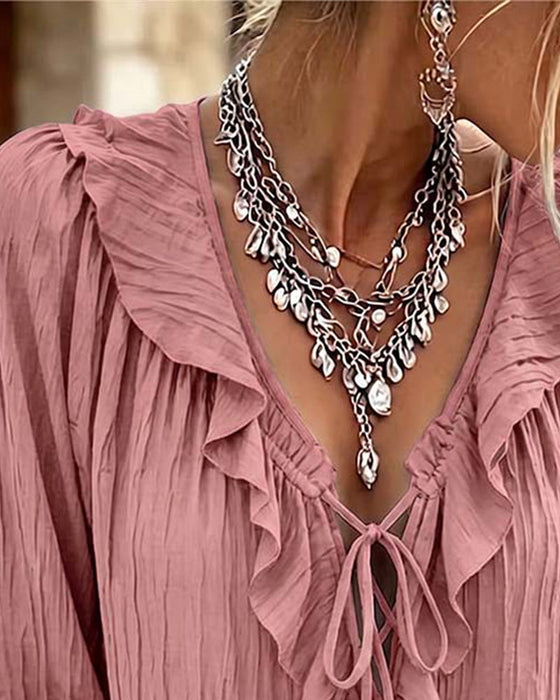 Bluse Ruffle Trim Knyting Lang Erme