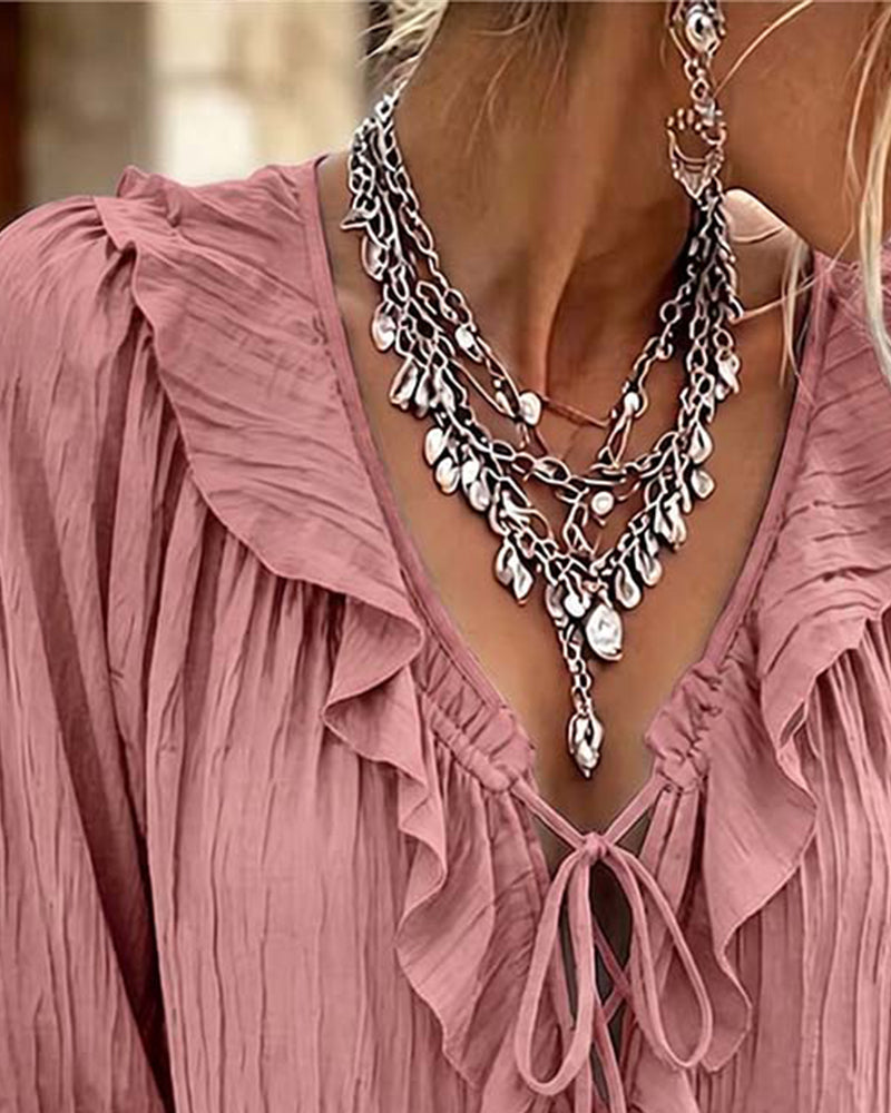 Bluse Ruffle Trim Knyting Lang Erme